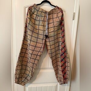 Patterned Drawstring Lounge Pants in Tan and Black with Red Accent